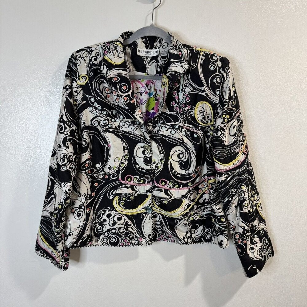 Vintage 80s Tunique Nights Blazer Jacket L 100% Silk Embroidered Beaded Floral